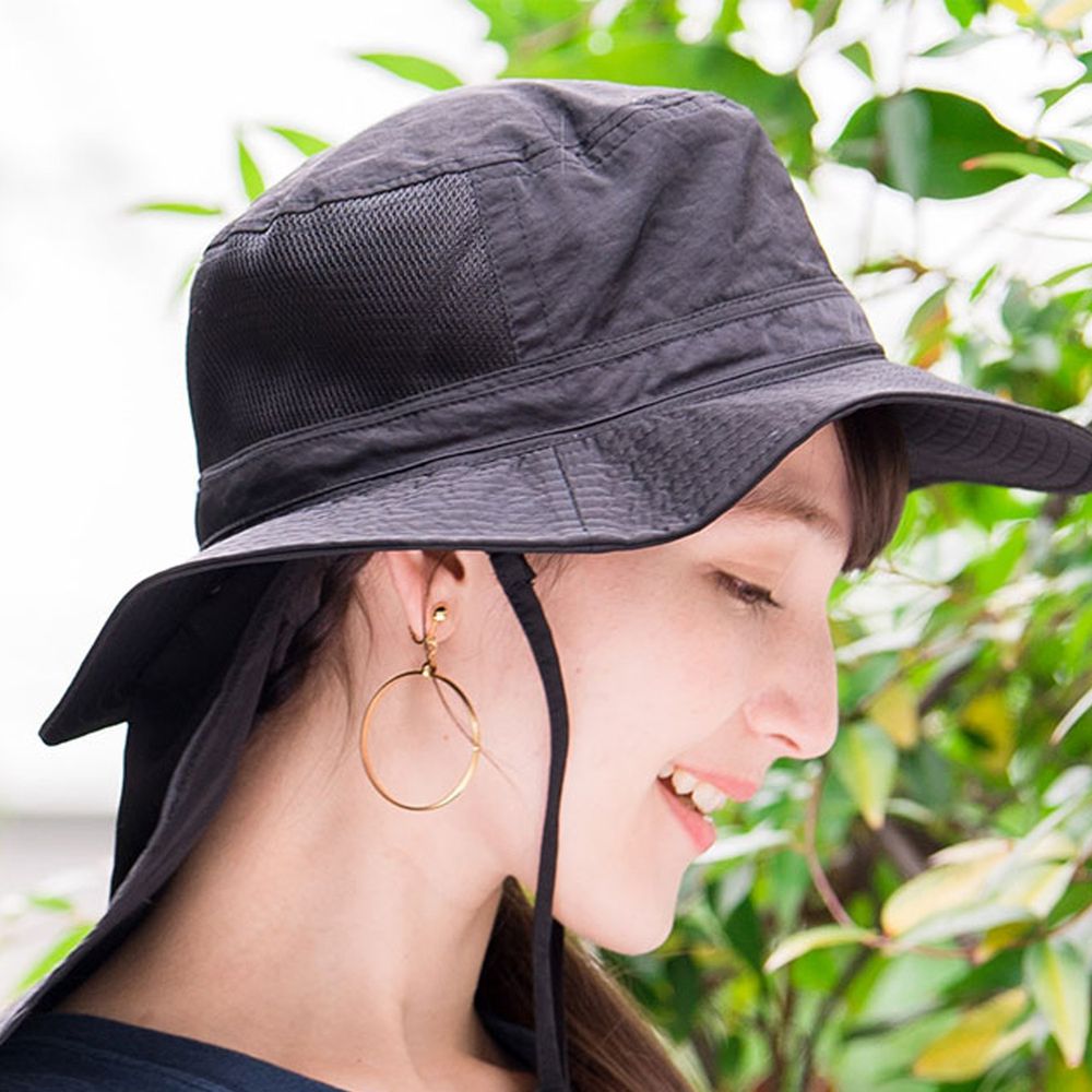 日本 irodori - 抗UV透氣遮陽帽(附防風帽帶/遮頸布)-經典黑 (約58cm)