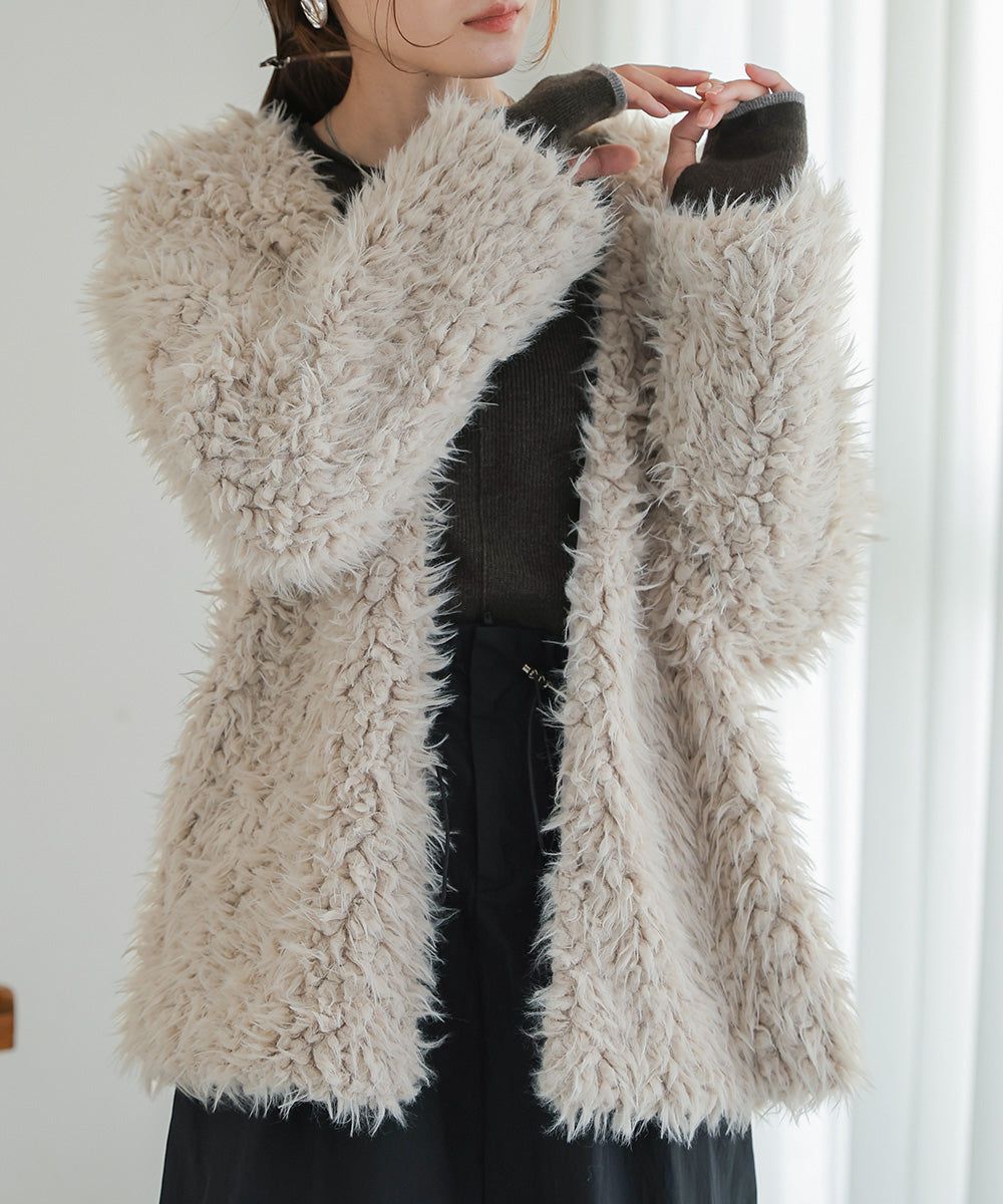 日本 Bab - 蓬鬆存在感絨毛開襟外套-淺粉紅