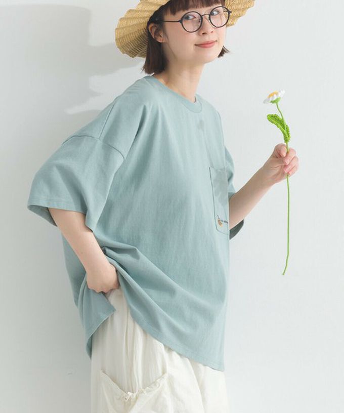 日本 Lupilien - 16OE天竺棉 俏皮刺繡五分袖上衣-小浣熊-薄荷