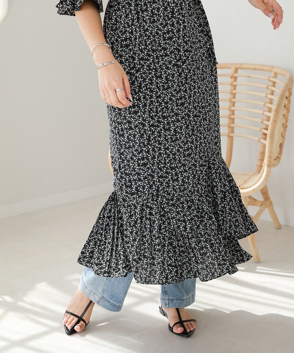 日本 Bab - 圓領碎花糖果袖洋裝-奶油白