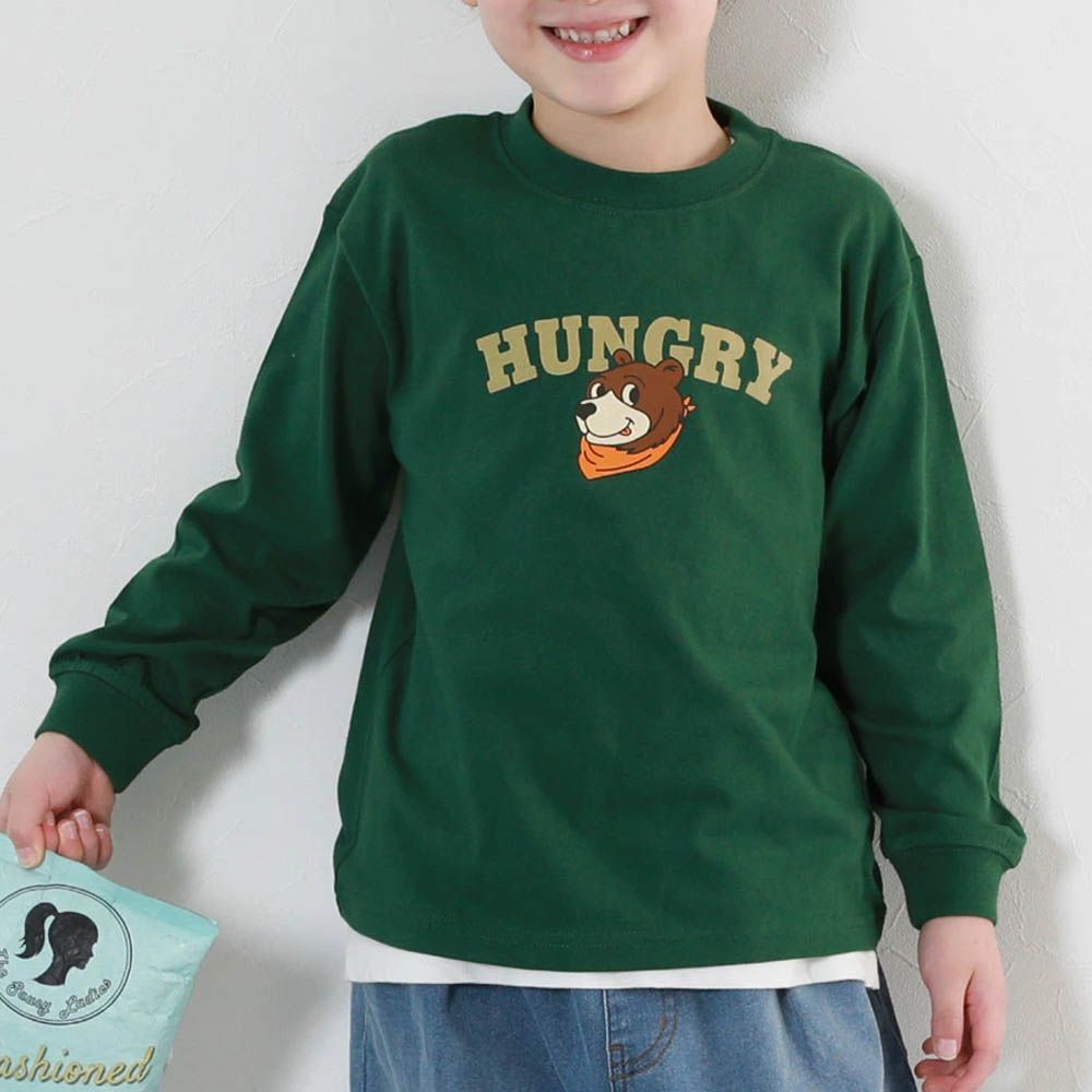 100%棉 定番印花長袖上衣-小熊-濃綠