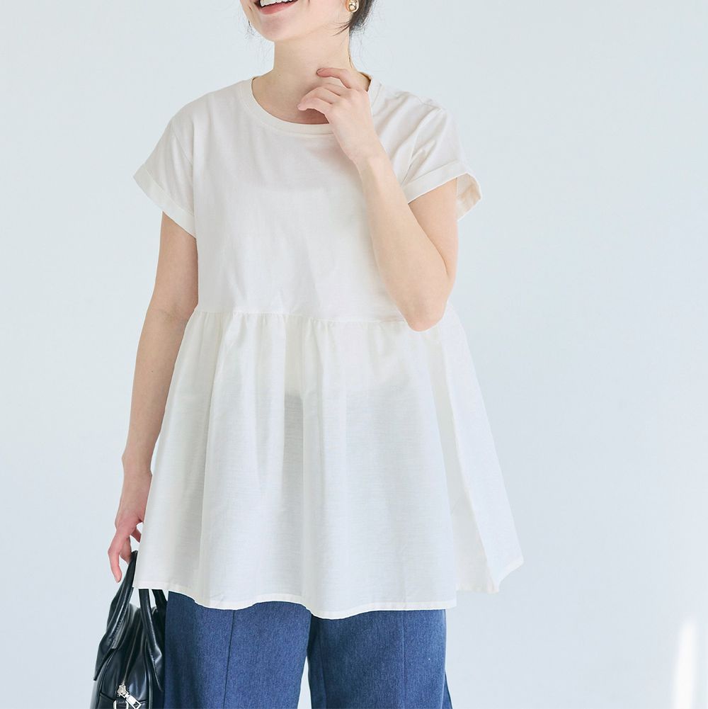 簡潔圓領藏肉傘擺短袖上衣-白