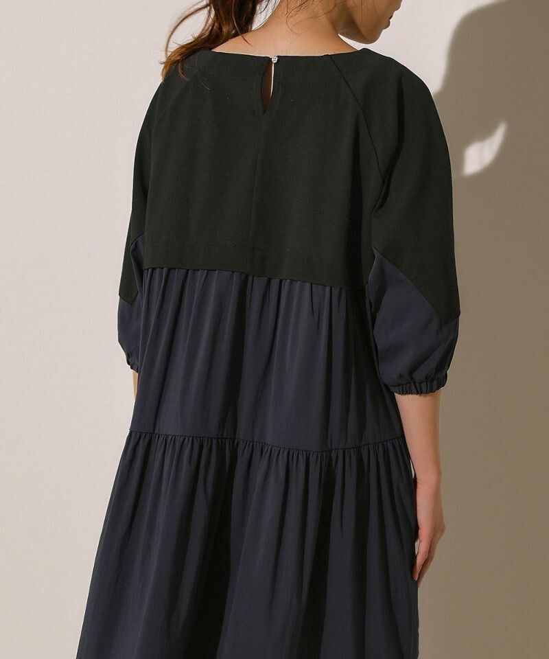 日本 Bou Jeloud - 前短後長異材質拼接七分袖上衣-杏白