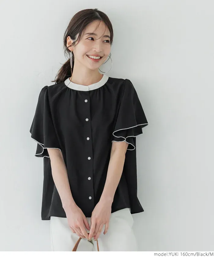 日本 COCA - 簡約撞色雪紡荷葉短袖襯衫-白