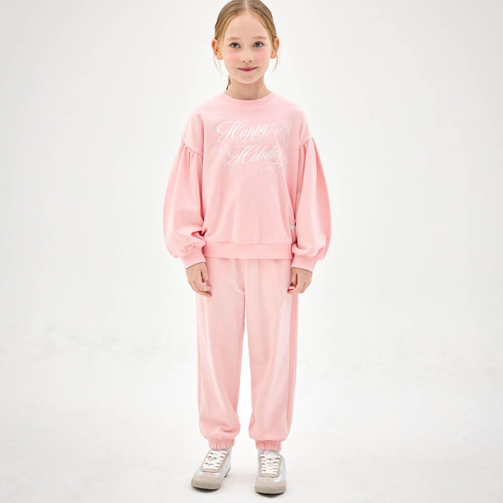 甜心休閒風純棉長袖套裝-粉