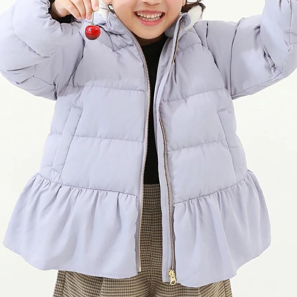 甜美下擺輕暖纖維羽絨外套(毛帽可拆)-淺藍紫