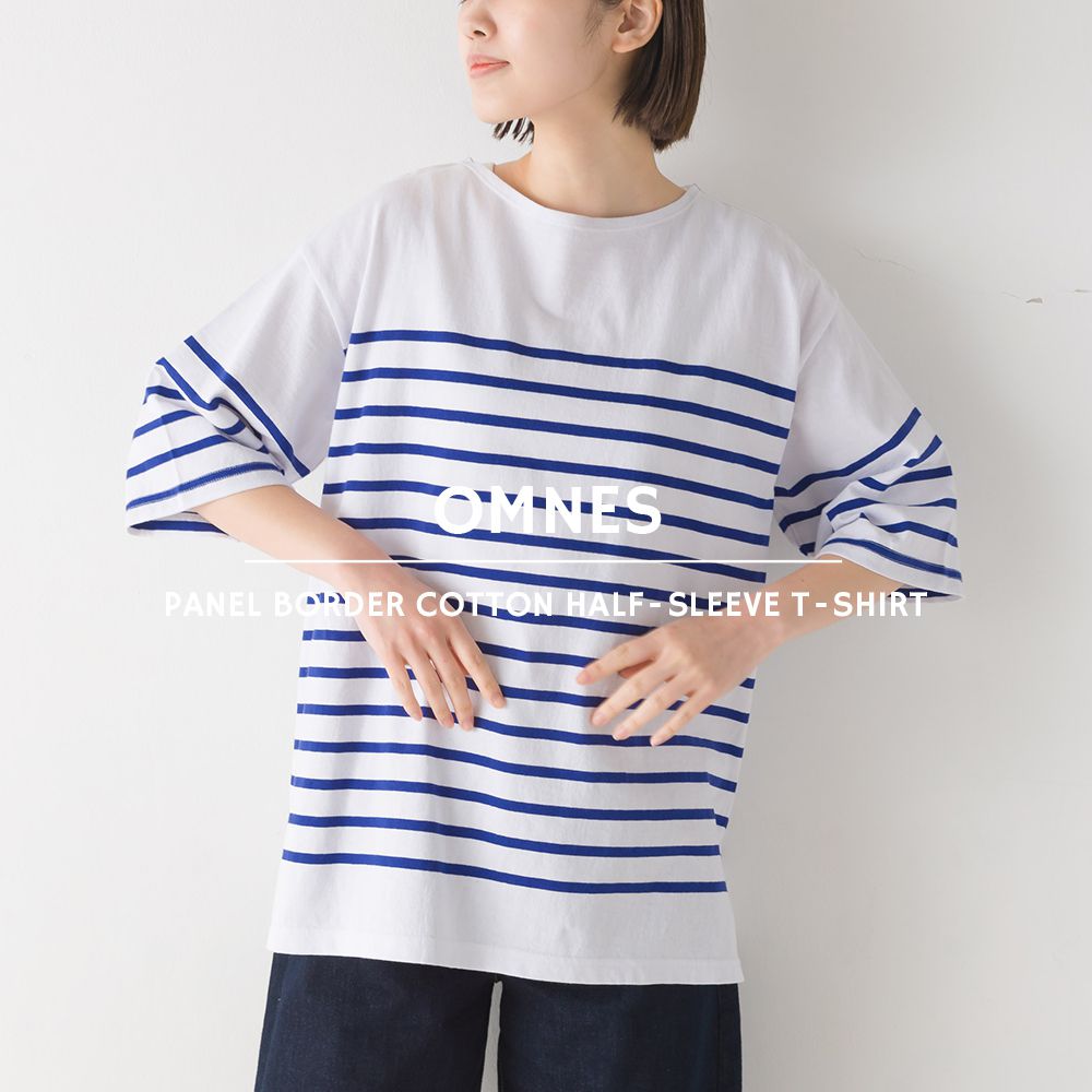 日本 OMNES - 100%棉 圓領條紋五分袖上衣-白x黑