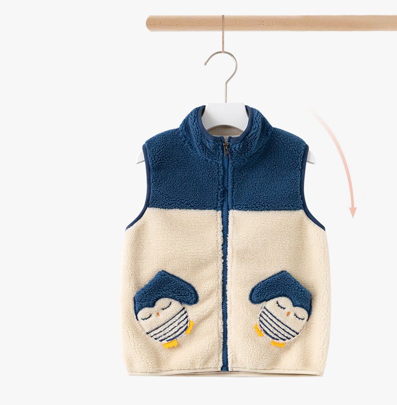 搖粒絨保暖兒童背心-企鵝口袋-杏+藍