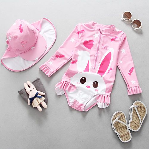 女寶防曬長袖連身泳裝套裝(附帽子)-兔寶寶-粉色
