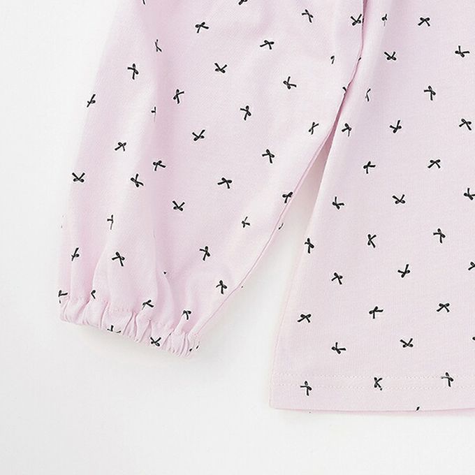 日本 Lycee mine - 100%棉 浪漫荷葉肩滿版印花長袖上衣-蝴蝶結-淺粉紅