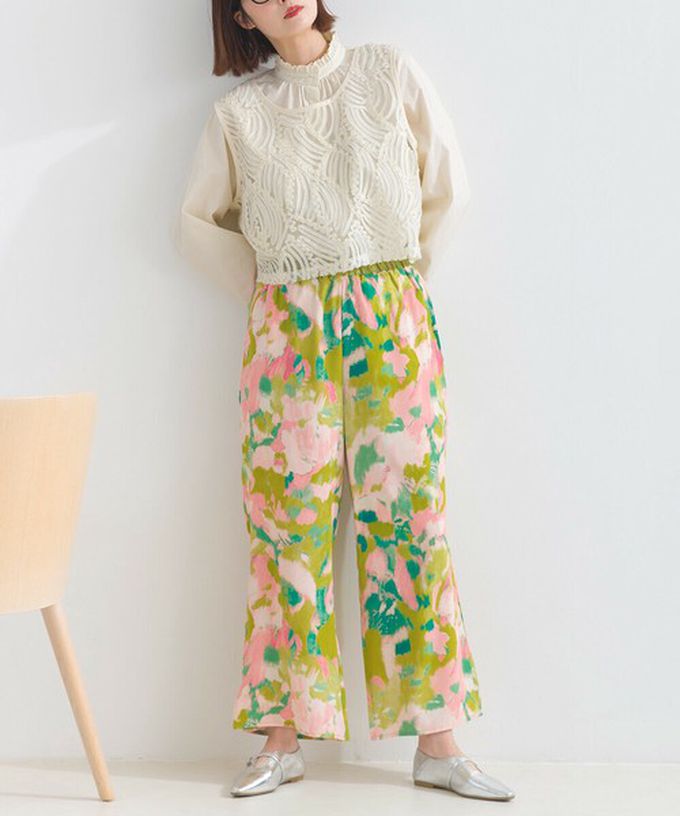 日本 le colis - [人氣款]柔和季節感印花輕盈寬褲-暈染-灰卡其