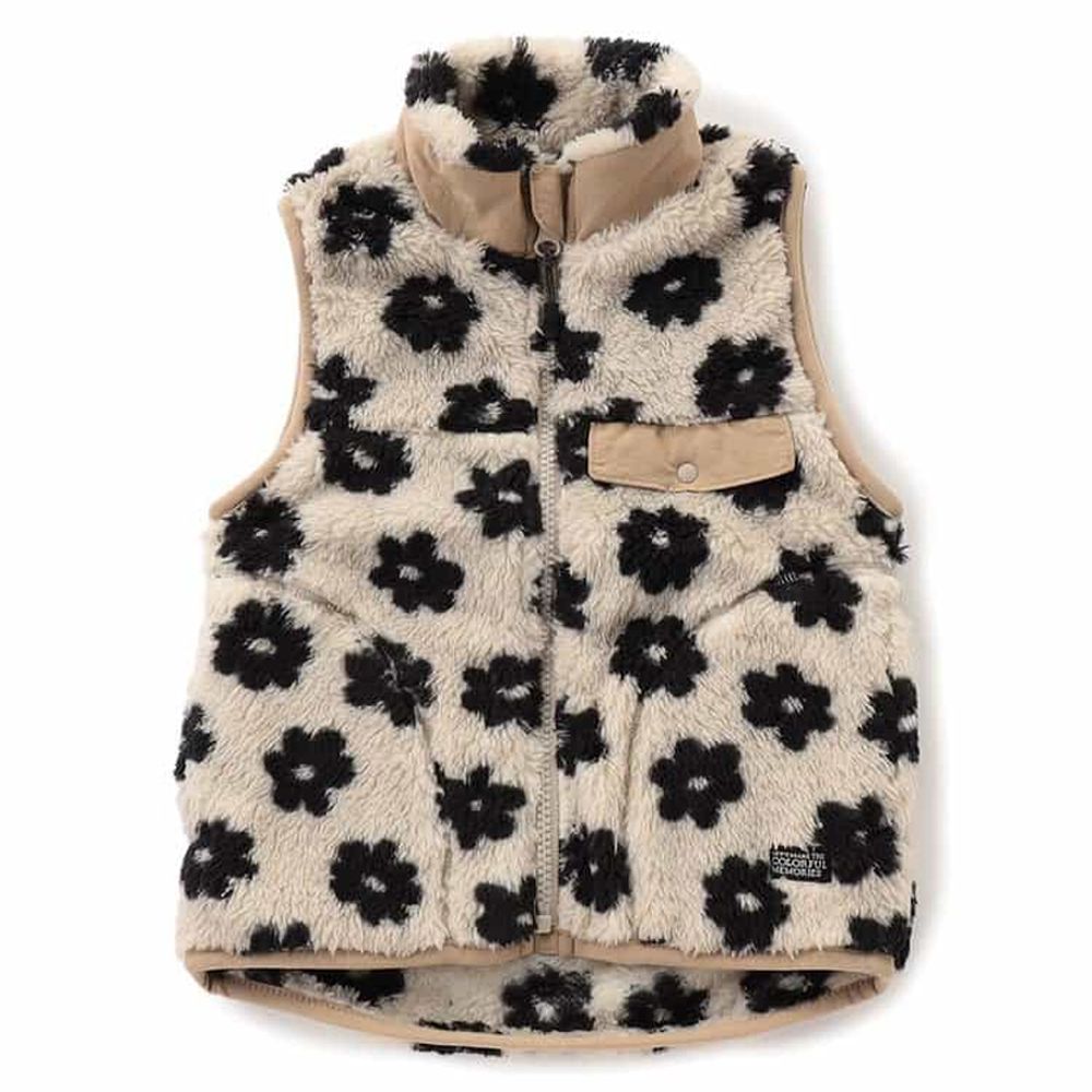 百搭柔軟絨毛背心-花朵-米白X黑