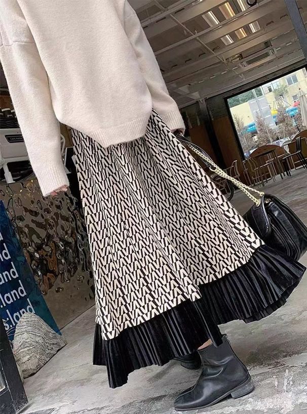 日本 GRL - 幾何人字紋撞色微百褶針織長裙-黑