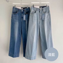 韓國女裝連線 - (涼感機能)彈性腰自然刷色丹寧寬褲-淺藍