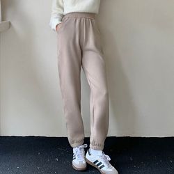 KPUWARM - 腰鬆緊休閒百搭束口長褲-杏駝