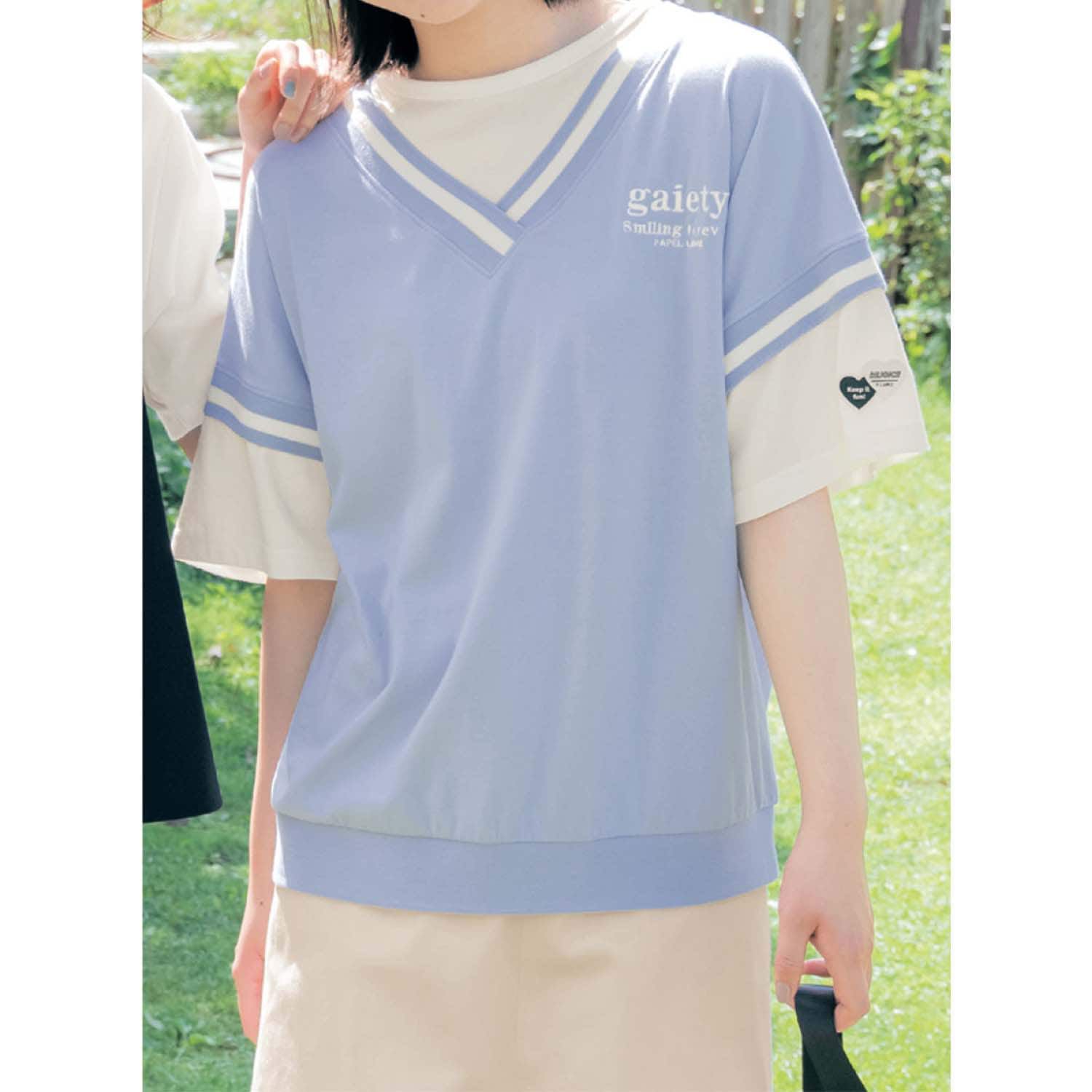 日本 Papel lapiz - 背後緞帶假二件落肩感短袖上衣-淺卡其