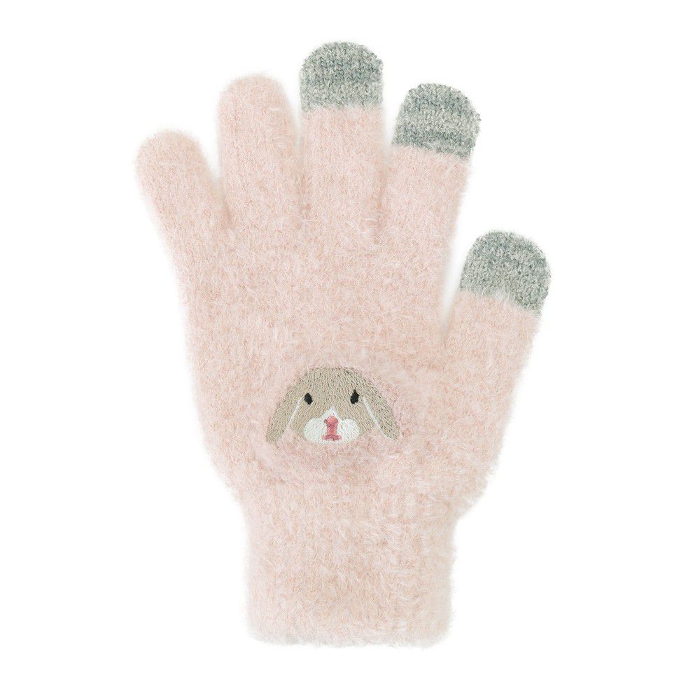 日本 TOMO - 大人可觸控短絨保暖手套-垂耳兔-粉紅