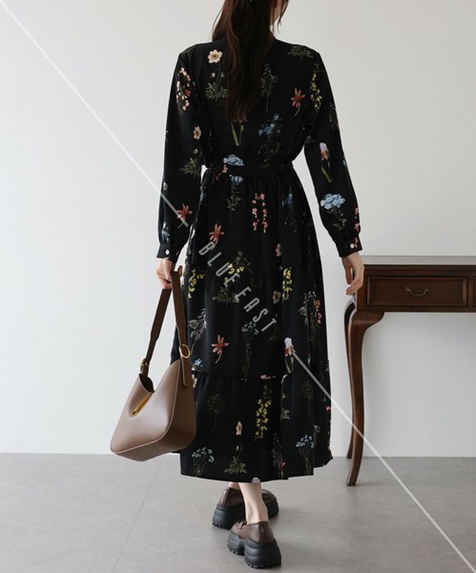 日本 BLUE EAST - [人氣款]簡約抽繩收腰長袖洋裝-浪漫花草-咖啡