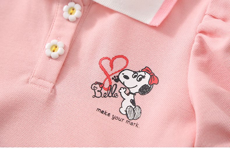 卡通SNOOPY翻領收腰網紗短袖連身裙-Belle愛心-藍色