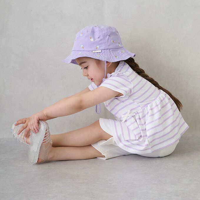 日本 petit main - 荷葉袖傘狀層次短袖上衣-花朵-淡橘