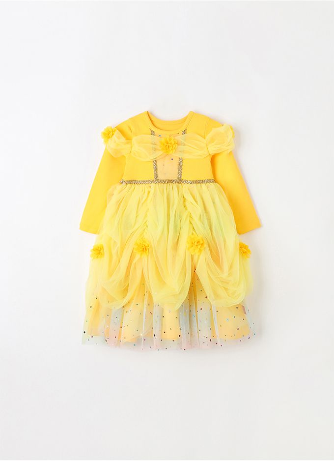 韓國 OZKIZ - (附配飾)花朵層次裝飾公主網紗洋裝-黃