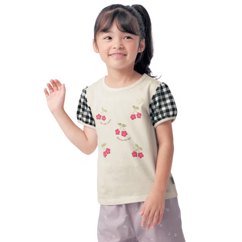 日本千趣會 - GITA 純棉印花短袖上衣-櫻桃花朵-白