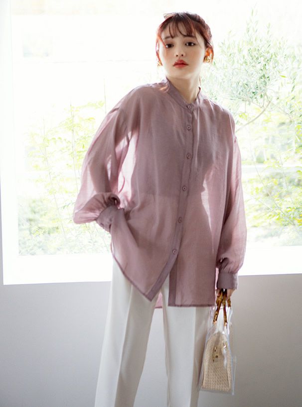 日本 GRL - 絲滑薄透感寬版長袖上衣/罩衫/外套-氣質杏
