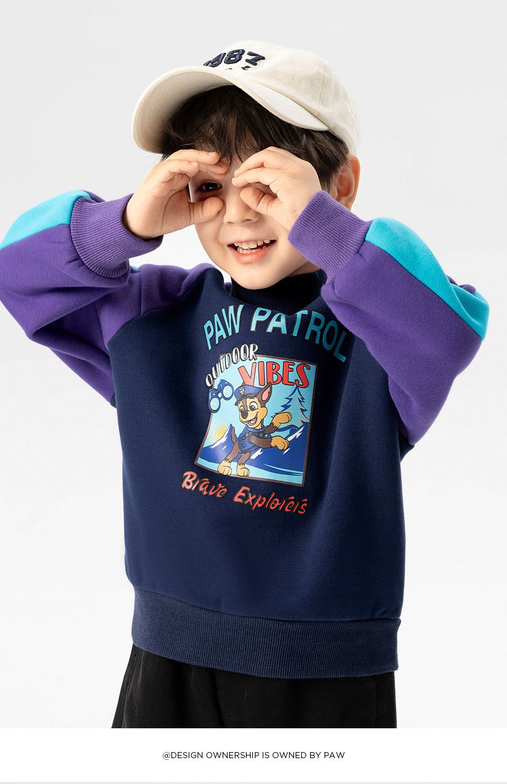 卡通汪汪隊加絨半高領拼接長袖上衣-卡通人物阿奇-深藍+藍