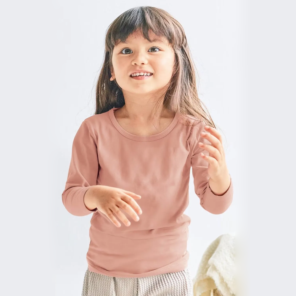日本千趣會 - 95%棉 兒童圓領九分袖發熱衣-馬卡龍粉