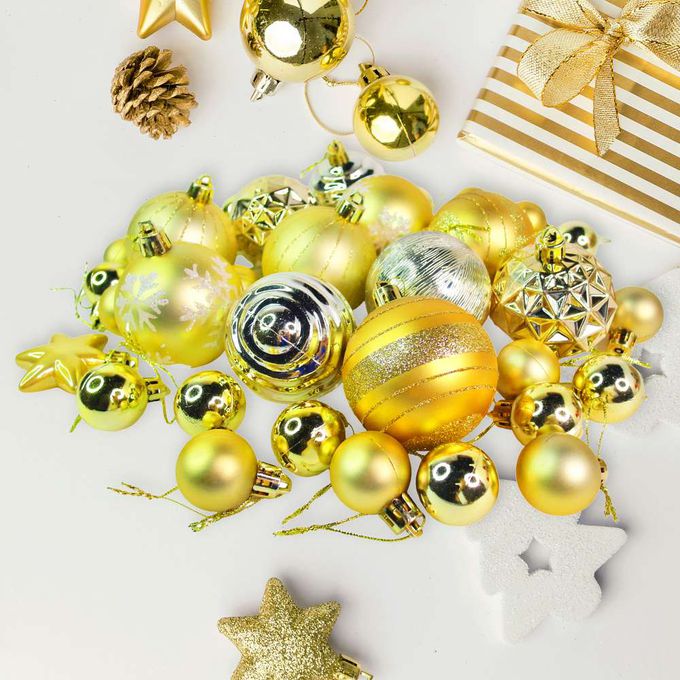 MODACore 摩達客 - 30mm + 60mm造型彩繪球42入吊飾禮盒裝(16格)香檳金色系| 聖誕樹裝飾球飾掛飾