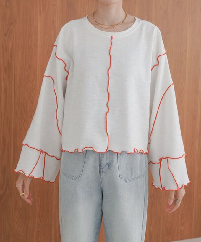 日本 Bab - 活力跳色感木耳邊大寬袖上衣-白x橘