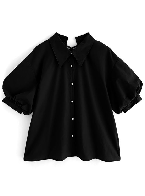 日本 GRL - 後綁帶翻領泡泡袖襯衫-米白 (F)