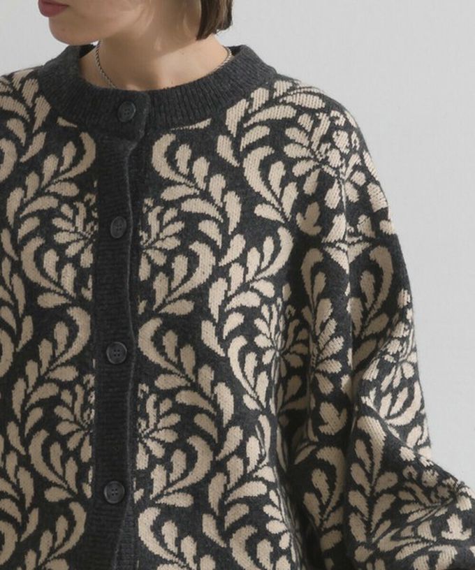 日本 Lupilien - 盛開花卉針織寬袖開襟衫/外套-炭灰