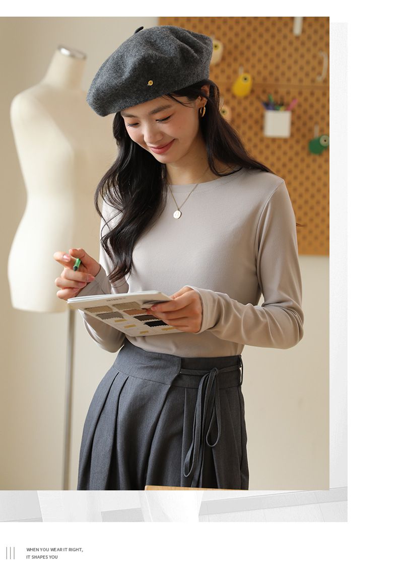 加絨暖暖長袖上衣-圓領-咖啡色 (F(建議40-70kg))