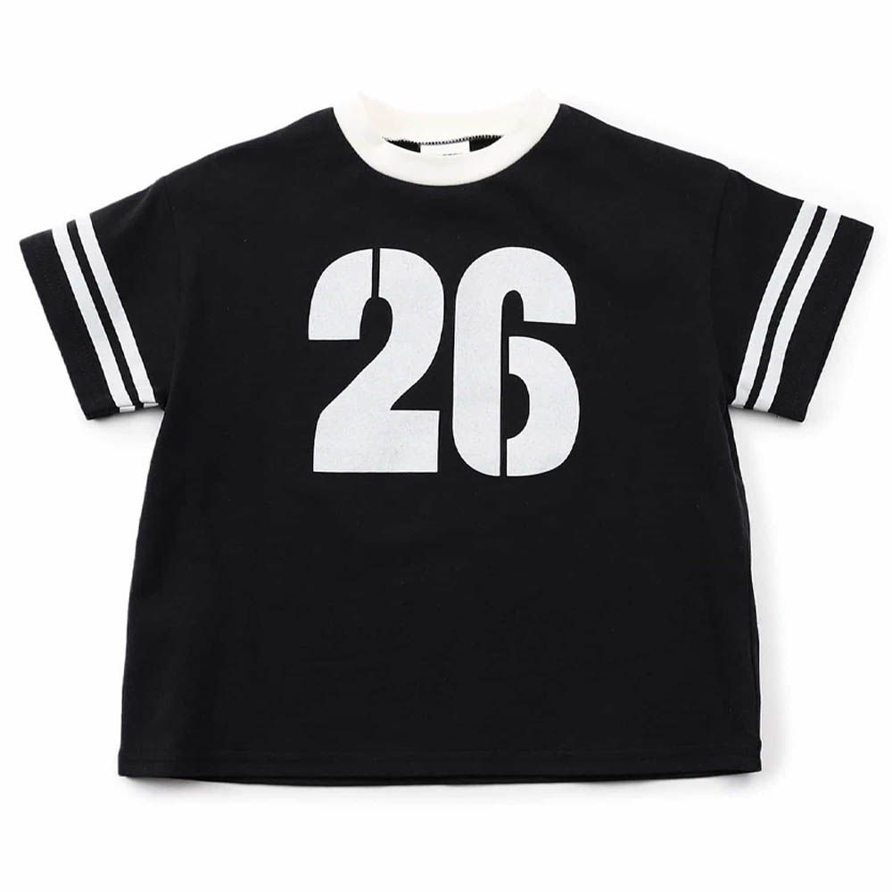 100%棉 運動風印花短袖上衣-數字26-黑