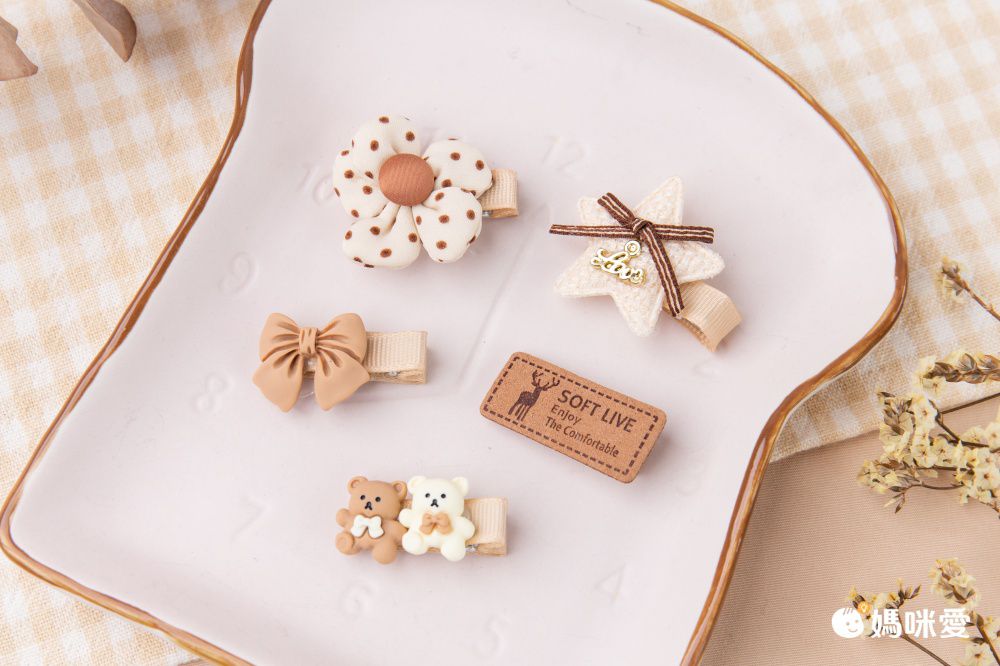 可愛全包布兒童髮夾5入組-花花+蝴蝶結-粉色