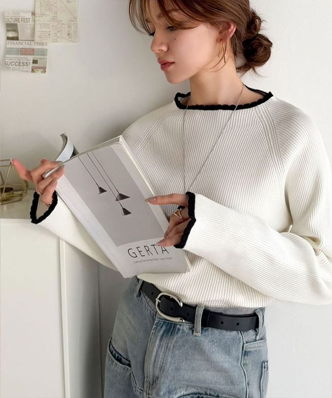 日本 Classical Elf - 羅紋針織典雅滾邊長袖上衣-白