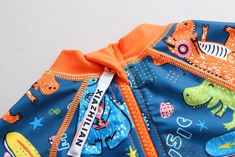 男寶長袖泳裝套裝(附帽子)-滑板恐龍-深藍+橘