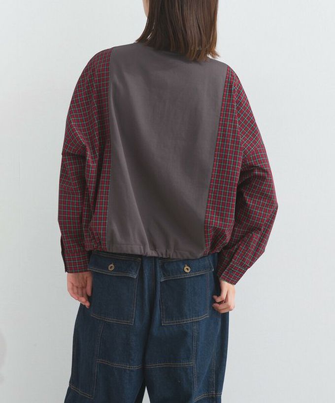 日本 Lupilien - 可愛格子拼接裏毛休閒襯衫-深灰x紅