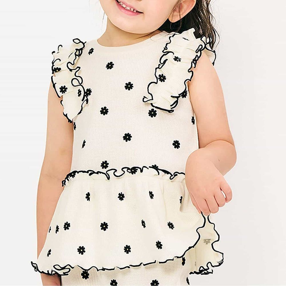 肩荷葉邊華夫格印花無袖上衣-花朵-象牙白