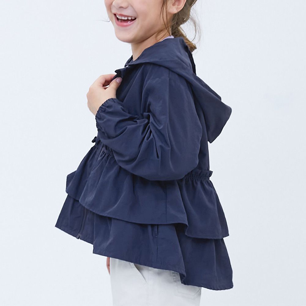 防潑水 層次荷葉輕量風衣外套(帽可拆)-海軍藍