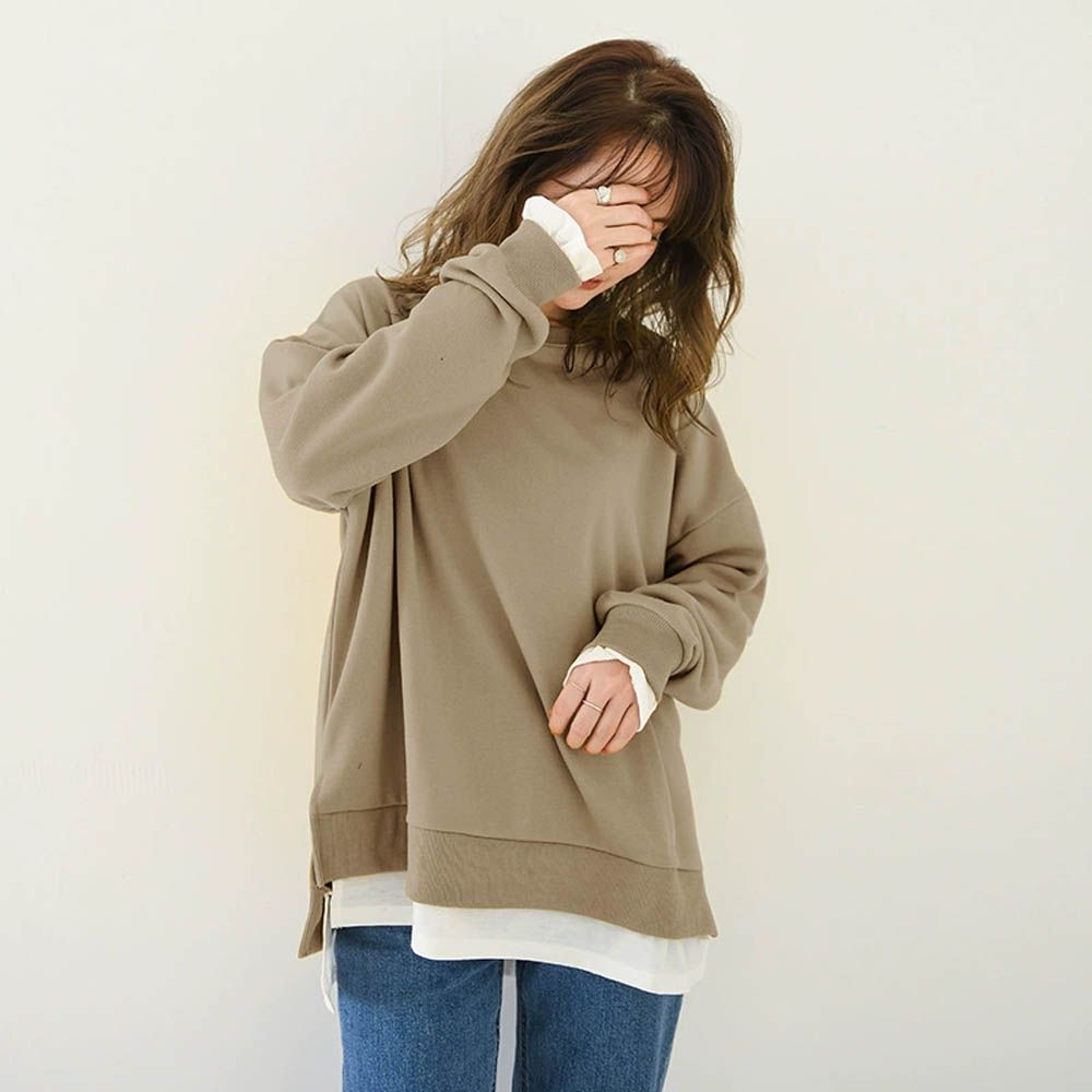 經典百搭假兩件長袖上衣-卡其色