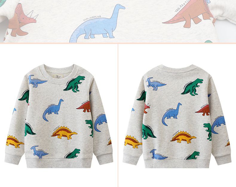 Jumping meters - 圓領棉質長袖上衣/大學T-繽紛可愛恐龍-灰色