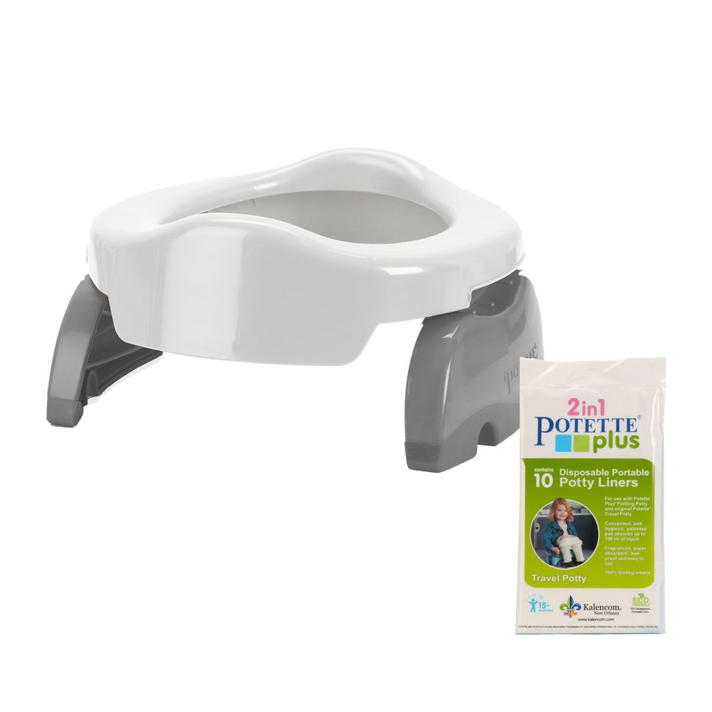 美國 Potette Plus - 可攜式馬桶-白色+拋棄式防漏袋10入裝)