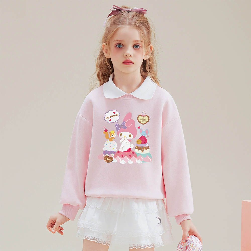 撞色翻領長袖上衣/大學T-卡通人物美樂蒂-粉色