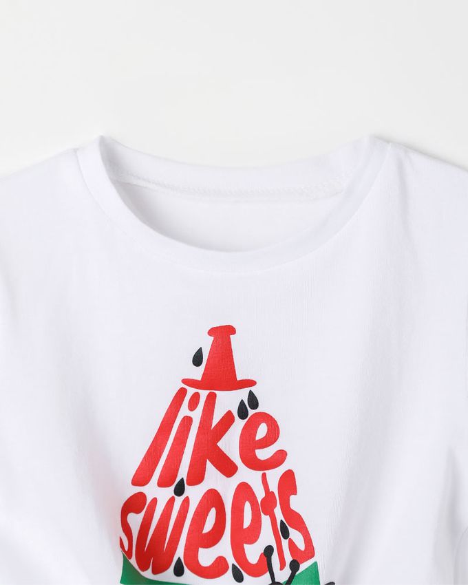 韓國 OZKIZ - 螞蟻吃西瓜印綁帶短袖上衣-白