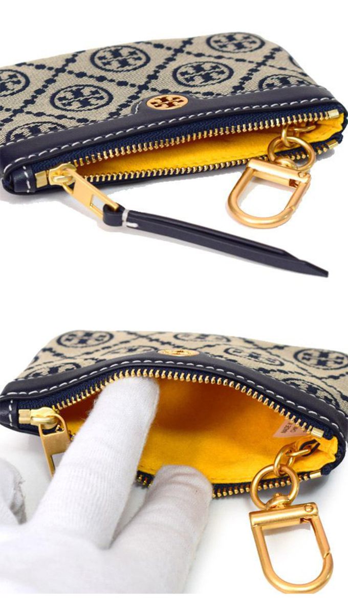 TORY BURCH - 雙T-LOGO提花拼接皮革零錢包 (藍色)