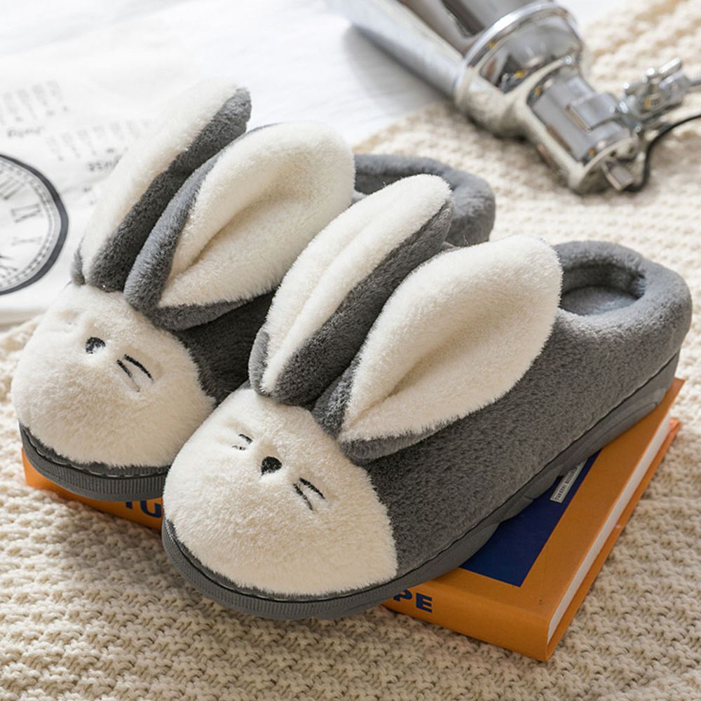 毛毛保暖室內拖鞋-大耳朵兔子-深灰色