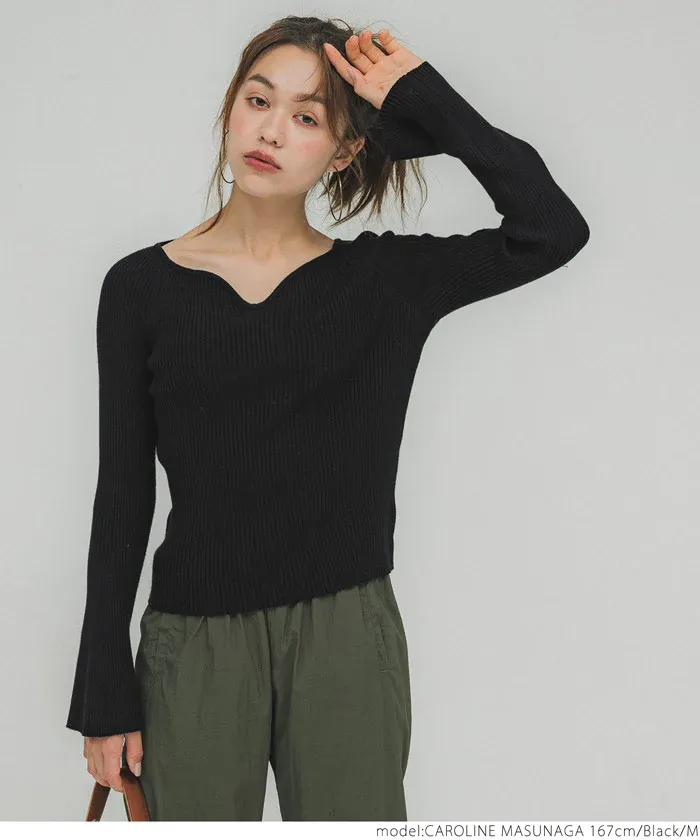 日本 COCA - 不規則領羅紋彈性上衣-黑