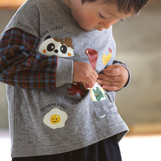 日本 ZOOLAND - 美味印花格紋拼接長袖上衣-卡其